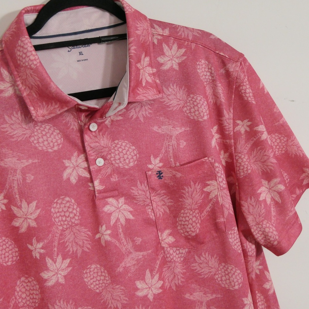 IZOD Men Saltwater Polo XL Pink Tropical Pineapple Palm Tree Print Hawaiian Luau